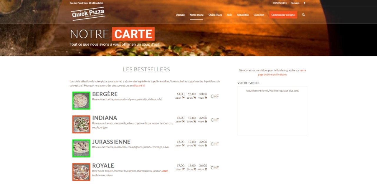 Screenshot Onlineshop Quick Pizza Neuchâtel.